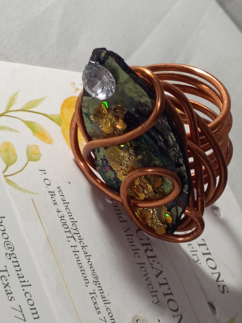 Handcrafted Copper Wire Ring with Green and Gold Accent Stone